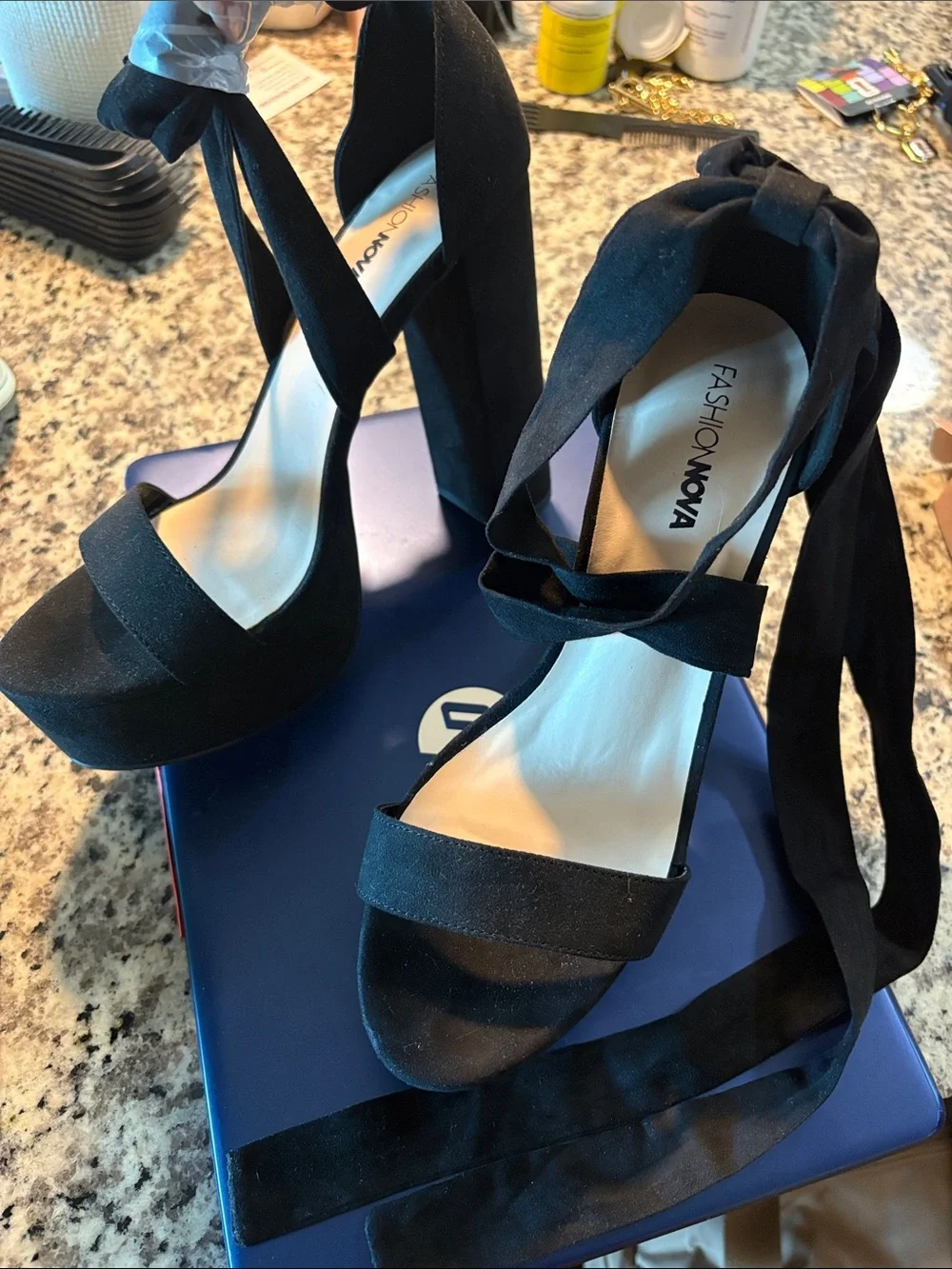 Fashion Nova Black Suede Platform Lace-Up Heels